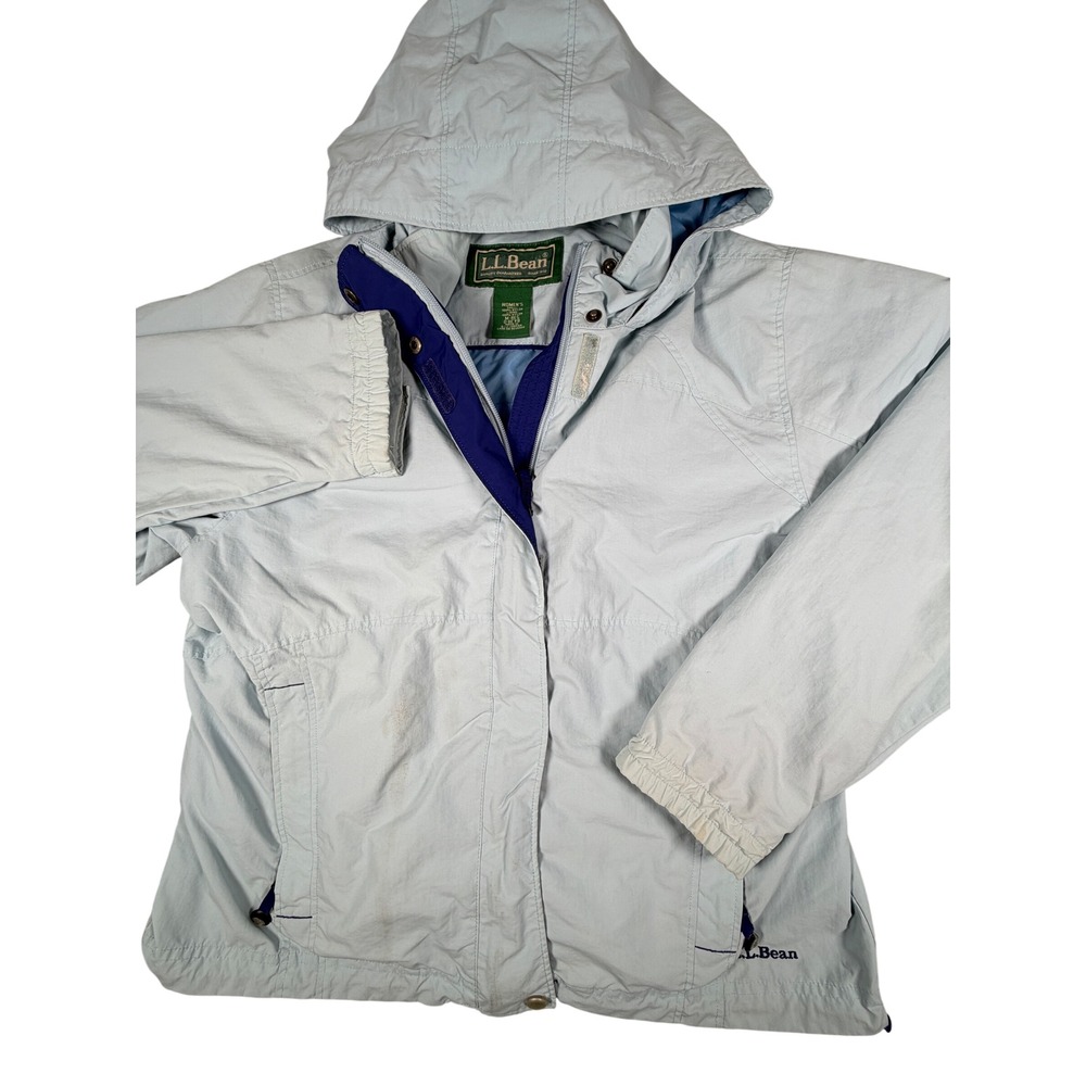 LL Bean Womens M Light Blue Hooded Windbreaker Full Zip Nylon Jacket Anorak